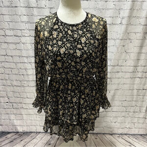ZARA Womens Black Gold Ditsy Floral Tiered Ruffled Long Sleeve Mini Dress Small